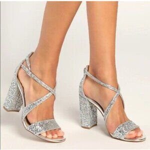 Badgley Mischka Jewel Sandals Women 8 Bridal Silver Strappy Block Heel Party NEW